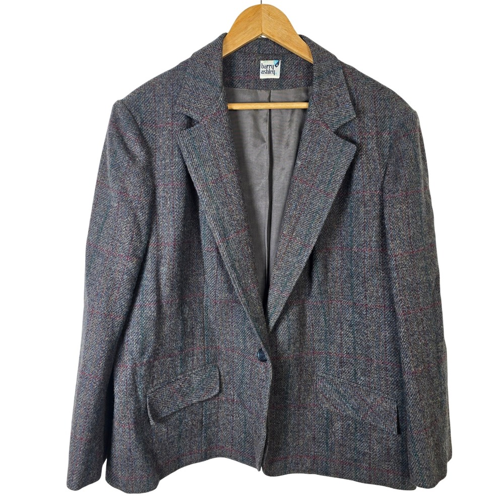 Barry Ashley Womens Wool Blazer Gray Green Plaid Tweed Classic Jacket Union Made